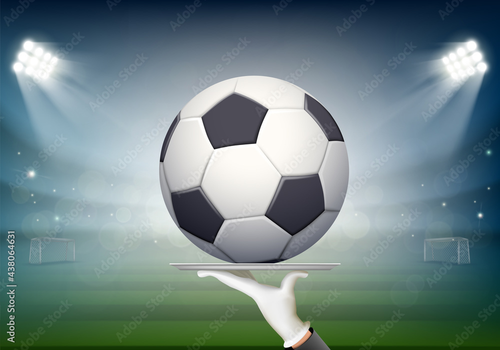 Naklejka premium Waiter holds a dish with a soccer ball
