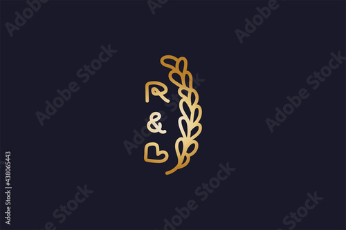 Initial Letter R and B with Flower in Golden Gradient. R and B Logo