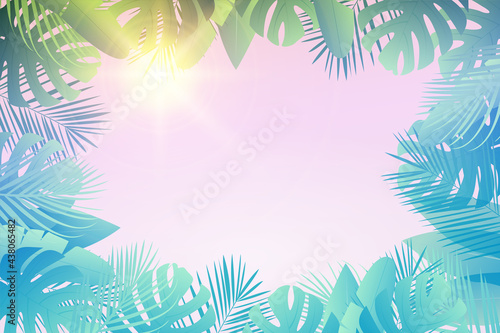 Summer tropical  leaf's frame with sun, palm leaves  background with place for your text.  Vector illustration.