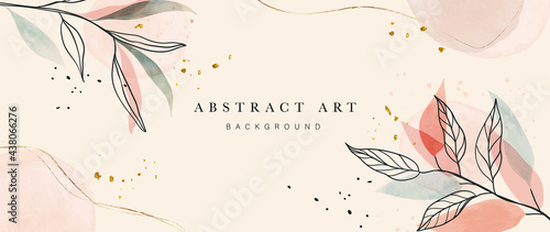 Abstract art botanical background vector . Luxury wallpaper design with women face, leaf, flower and tree  with earth tone watercolor and gold glitter. Minimal Design for text, packaging and prints.