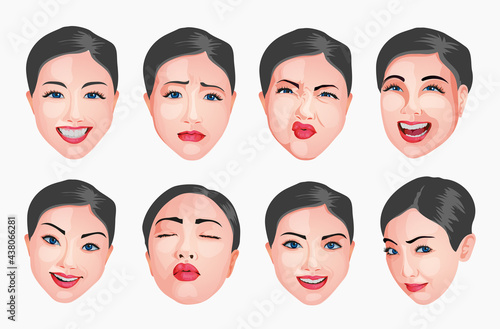 Beautiful realistic woman face with different facial expressions emotion set isolated vector illustration