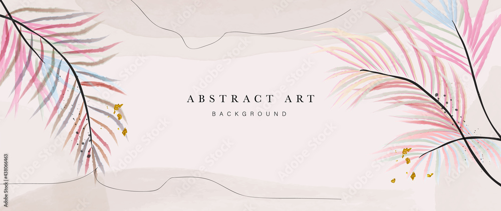 Abstract art gold tropical leaves background vector. Luxury wallpaper with watercolor, tropical leaf framed, palm leaf, flower,Vivid foliage, exotic green and gold brush glitter