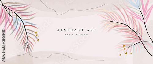Abstract art gold tropical leaves background vector. Luxury wallpaper with watercolor, tropical leaf framed, palm leaf, flower,Vivid foliage, exotic green and gold brush glitter