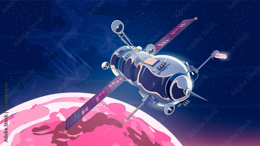 Vector illustration card with spaceship satellite in space with moon. Space history program, human exploration of near space. Picture with 3d model flying spaceship. Isolated Vector illustration card with spaceship satellite in space with moon. Space history program, human exploration of near space. Picture with 3d model flying spaceship. Isolated