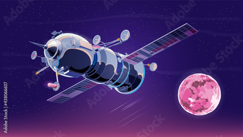 Vector illustration card with spaceship satellite in space with moon. Space history program, human exploration of near space. Picture with 3d model flying spaceship. Isolated