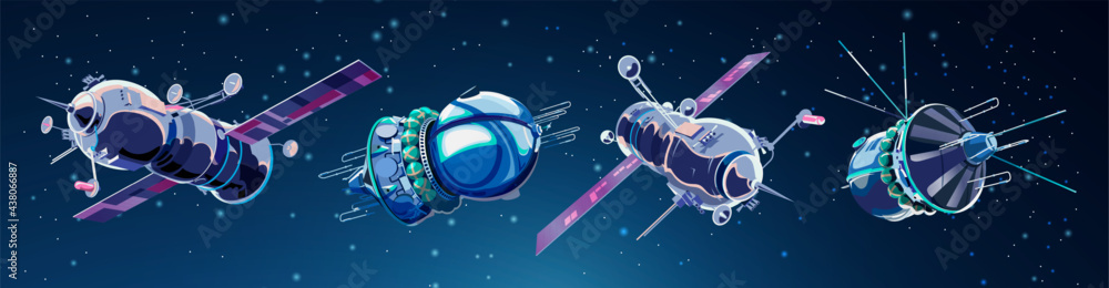 Set with spaceships and satellites in space. Space history program, human exploration of near space. Collection with 3d models flying spaceships. Isolated