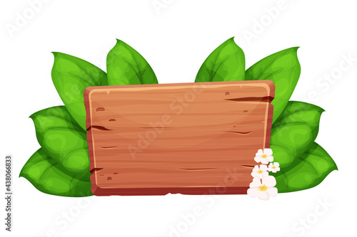Wooden plank, billboard with leaves and flowers, exotic, jungle decoration in cartoon style isolated on white background. Empty board, textured an detailed. Vector illustration