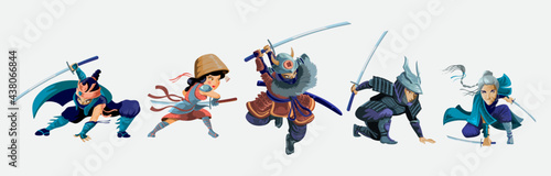 Collection with ninja, samurai,japanese girl and old woman warriors characters.Cartoon ninja samurai warriors with sword characters set. Isolated vector illustration