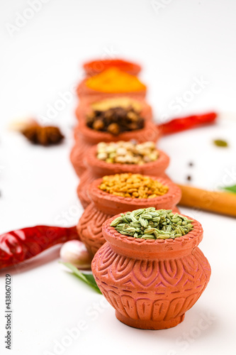 Indian spices collection, dried colorful condiment, nuts, pods and seeds and another spices in clay bowls.