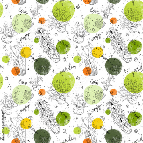 Hand drawn bright spring doodle pattern with home plants