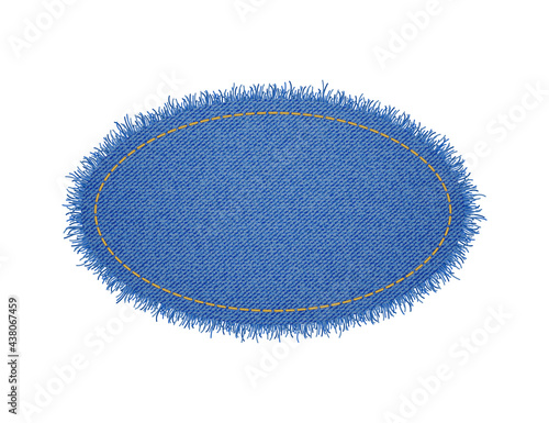 Denim ellipse shape with seam. Torn jean patch with stitches. Vector realistic illustration on white background.
