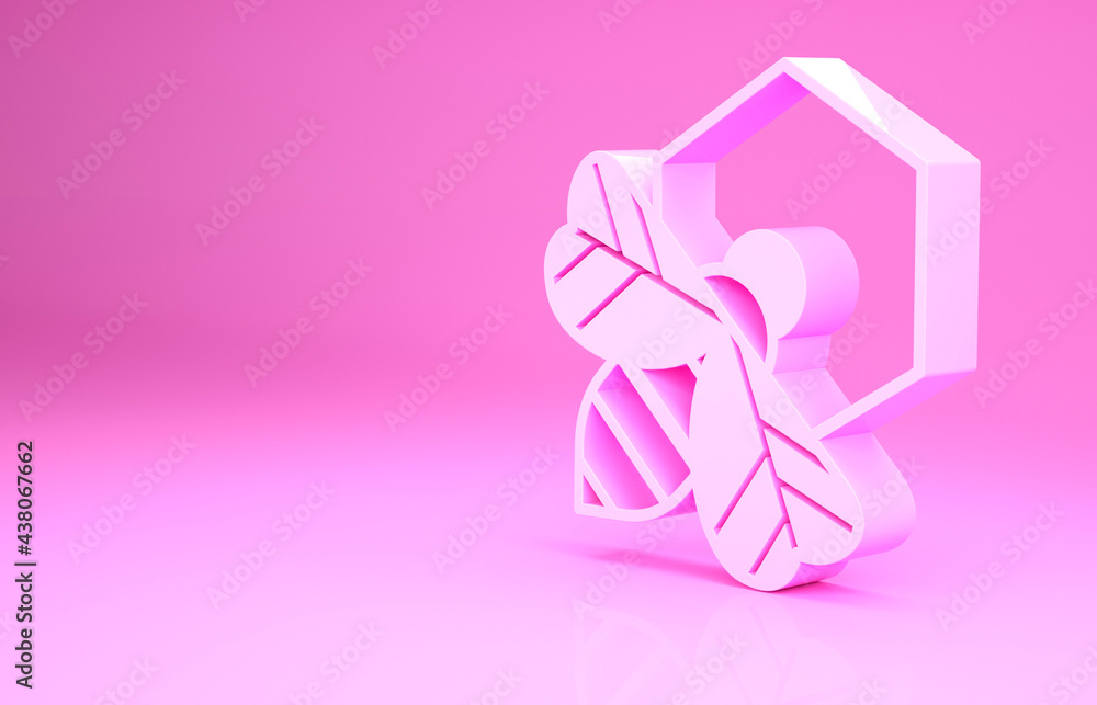 Pink Bee and honeycomb icon isolated on pink background. Honey cells. Honeybee or apis with wings symbol. Flying insect. Sweet natural food. Minimalism concept. 3d illustration 3D render Pink Bee and honeycomb icon isolated on pink background. Honey cells. Honeybee or apis with wings symbol. Flying insect. Sweet natural food. Minimalism concept. 3d illustration 3D render