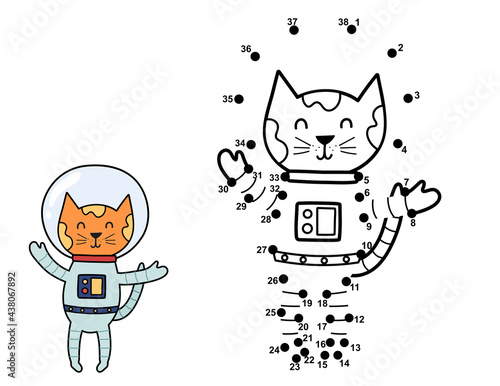 Connect the dots and draw a cute astronaut cat. Space dot to dot number game. Activity page for kids. Educational worksheet. Vector illustration