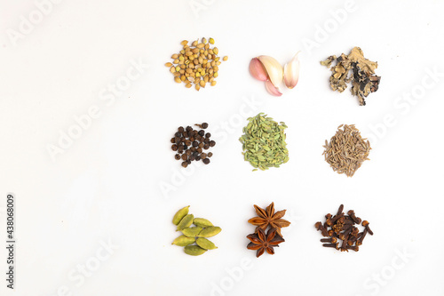 Fototapeta Naklejka Na Ścianę i Meble -  Indian spices and herbs on white background.