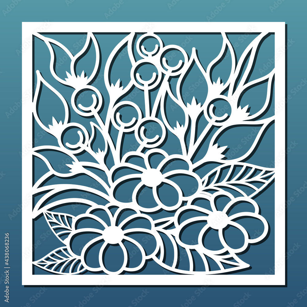 Laser cut panel, stencil for cnc cutting. Abstract floral design in art deco style. Wall art for home decor, room  screens, paper card  background. Square panel template. Vector illustration