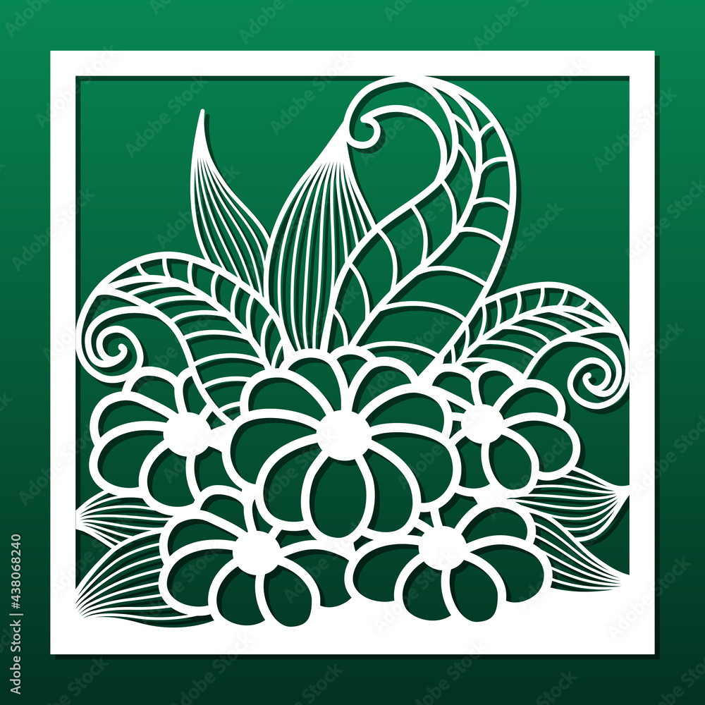 Laser cut panel, stencil for cnc cutting. Abstract floral design with