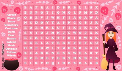 Word search puzzle for kids with cute witch character and cauldroun with potion on pink background, game for kids, printable worksheet for halloween activity, educational pastime, learning english