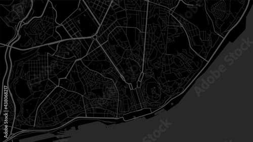 Black and dark grey Lisbon City area vector background map, streets and water cartography illustration.