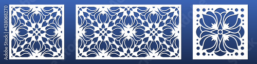 Laser cut panels with abstract geometric pattern design. Cnc cutting stencils. Wall art , home interior decor, room divider screens, paper art for card background. Vector illustration