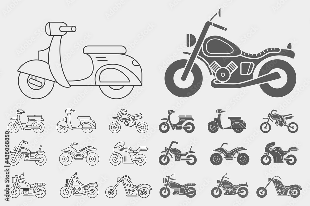Obraz premium Motorbike Icons set - Vector outline symbols and silhouettes of motorcycle, bike, chopper, scooter and other transportation for the site or interface
