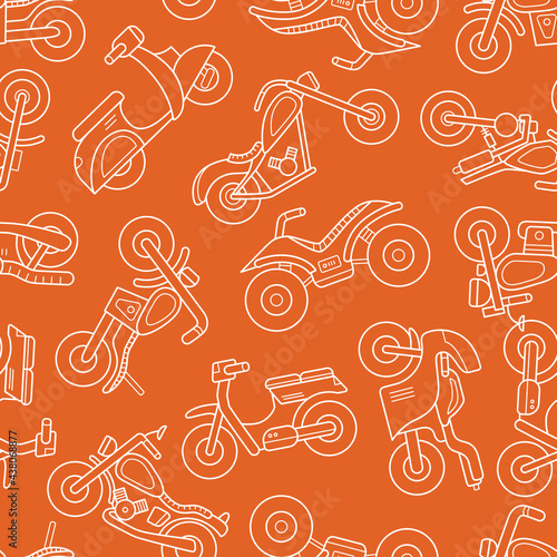 Motorbike - Vector background (seamless pattern) of motorcycle, bike, chopper, scooter and other transportation for graphic design