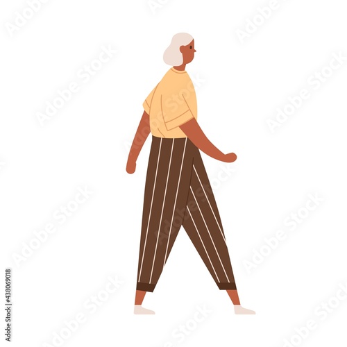 Senior gray-haired woman walking in modern casual clothing. Profile of elderly grey dark-skinned female character going in trendy outfit. Colored flat vector illustration isolated on white background