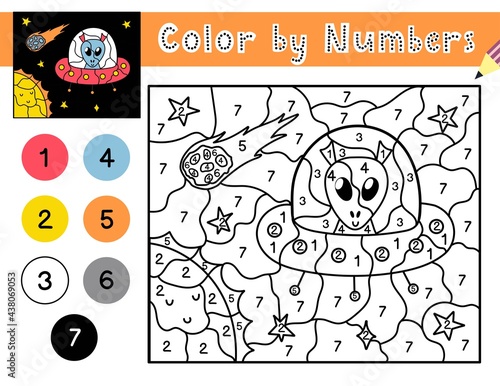 Color by numbers game for kids. Coloring page with a cute alien in outer space. Printable worksheet with solution for school and preschool. Learning numbers activity. Vector illustration