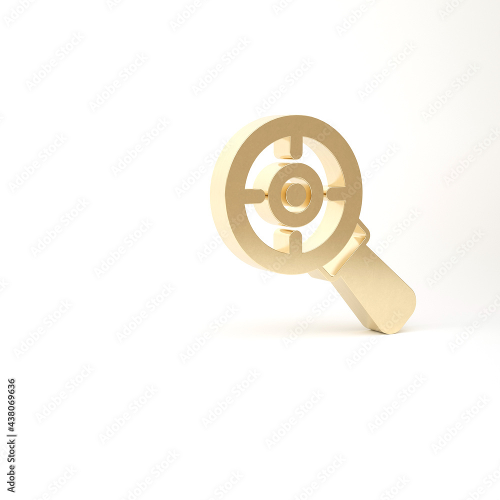 Obraz premium Gold Target financial goal concept with magnifying glass icon isolated on white background. Symbolic goals achievement, success. 3d illustration 3D render