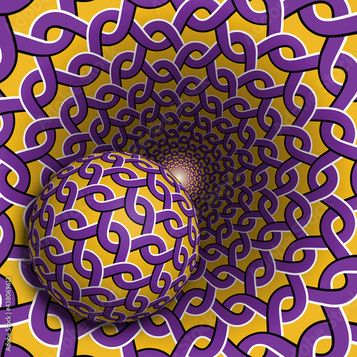 Sphere moves in a hole with interlacement pattern. Vector purple golden optical illusion abstraction.