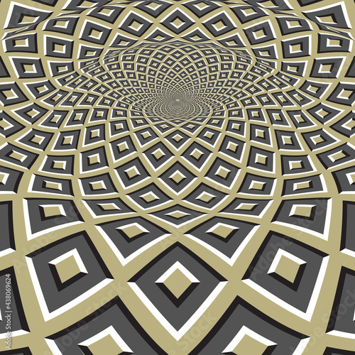 Moving optical illusion vector abstraction. Splash on the surface of green gray square pattern.