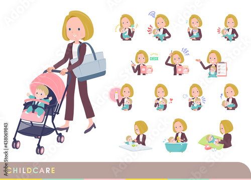 赤ちゃんのお世話をする金髪ビジネス女性のセット