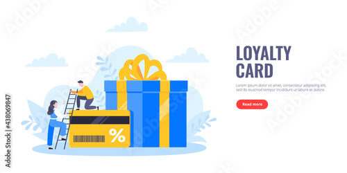 Get loyalty card and customer service business concept flat design vector illustration. Earn loyalty program points and get online reward and gifts. Tiny people with big card and gift box.