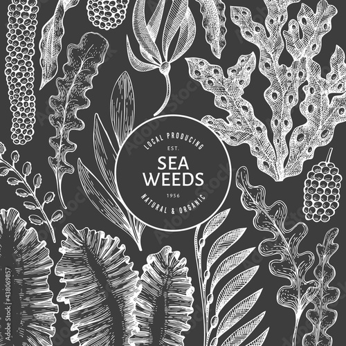 Seaweed design template. Hand drawn vector seaweeds illustration on chalk board. Engraved style sea food banner. Vintage sea plants background