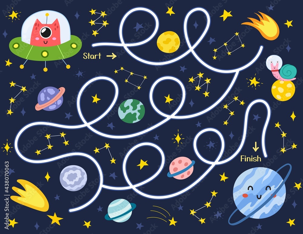 Space maze puzzle for kids. Help a cute alien in a flying saucer find way to the planet. Activity page with funny space character. Mini game for school and preschool. Vector illustration Space maze puzzle for kids. Help a cute alien in a flying saucer find way to the planet. Activity page with funny space character. Mini game for school and preschool. Vector illustration