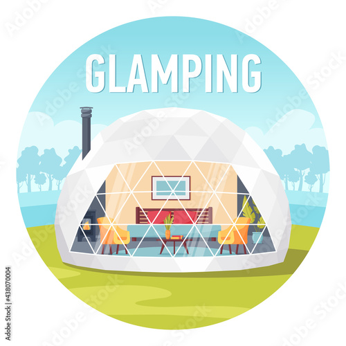 Glamping or Glamor camping. Modern comfortable tent with forest and clouds on background. Recreation in wild nature with facilities. Flat style concept banner, vacation and travel concept. Isolated on