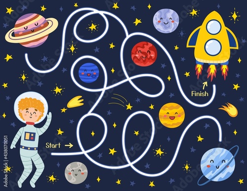 Space maze puzzle for kids. Help a cute boy astronaut find way to the rocket. Activity page with funny space character.  Mini game for school and preschool. Vector illustration