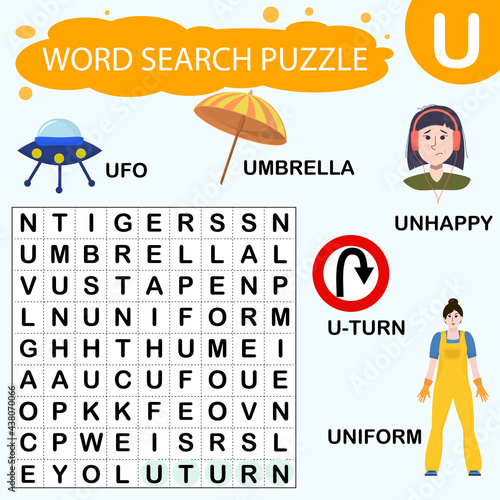 Vector educational game for kids. A puzzle for finding words starting with the letter U