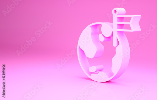 Pink Planet with flag icon isolated on pink background. Victory, winning and conquer adversity concept. Minimalism concept. 3d illustration 3D render