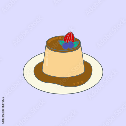 Caramel custard topped with strawberry and blueberry