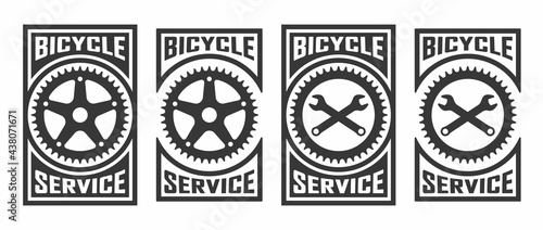 Set of black and white illustrations of gear, crossed wrenches and text on the background. Vector illustration in vintage style for poster, emblem, sticker, label, badge. Bicycle service. Workshop.