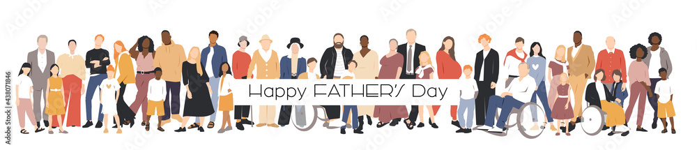 Happy Father's Day card. Multicultural group of mothers and fathers with kids. Flat vector illustration. Happy Father's Day card. Multicultural group of mothers and fathers with kids. Flat vector illustration.
