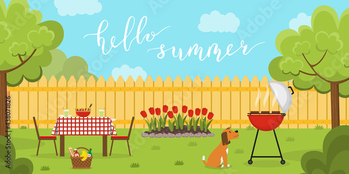 Summer day in the garden. Lunch in the backyard with trees and flowerbed. Barbecue in the garden. Outside dinner in a countryside house. Vector illustration with handwritten inscription. Banner.