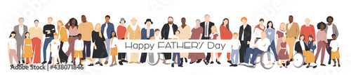 Happy Father's Day card. Multicultural group of mothers and fathers with kids. Flat vector illustration.