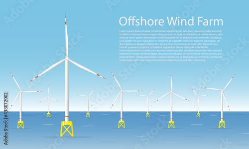 Wind turbines in the sea. Wind towers in the ocean. Offshore wind turbine farm concept. Horizontal banner template with a space for text. Flat vector illustration.