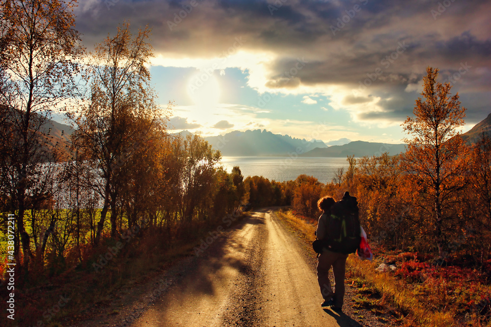 Traveler with big backpack walks on a trail at sunset. Stunning photo of a hiker traveling north. Adventure travel to Norway.