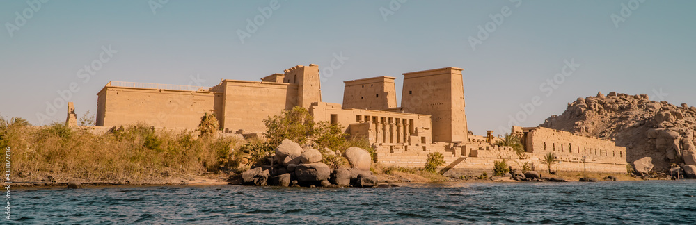 Panorama view of the Temple of Isis on Agilkia Island (formerly Philae) in the reservoir of the Aswan Low Dam in Agilkia, Egypt