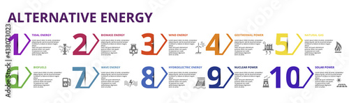 Infographic Alternative Energy template. Icons in different colors. Include Tidal Energy, Biomass Energy, Wind Energy, Geothermal Power and others.