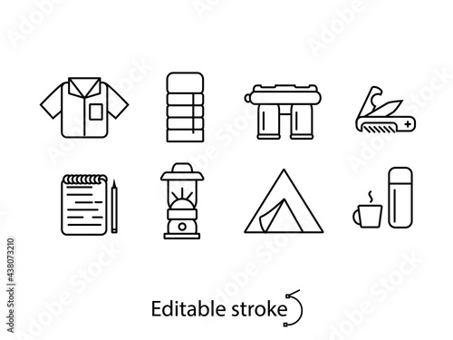 Hiking trip outline icons set. Tourism outdoor design collection. Customizable linear contour symbol