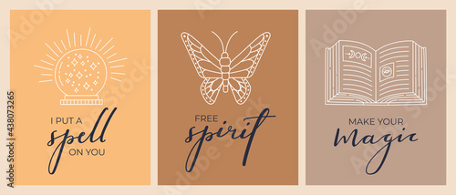 Celestial boho modern posters set with outline crystal ball, magic moth, spell book and handwritten inspire lettering for bohemian cards, prints or home decor. Vector illustration, trendy doodle style