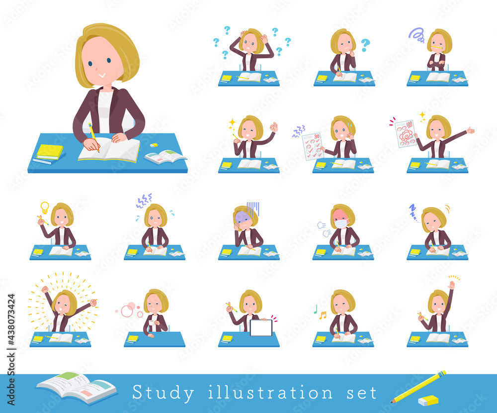 勉強に関する金髪ビジネス女性のセット
